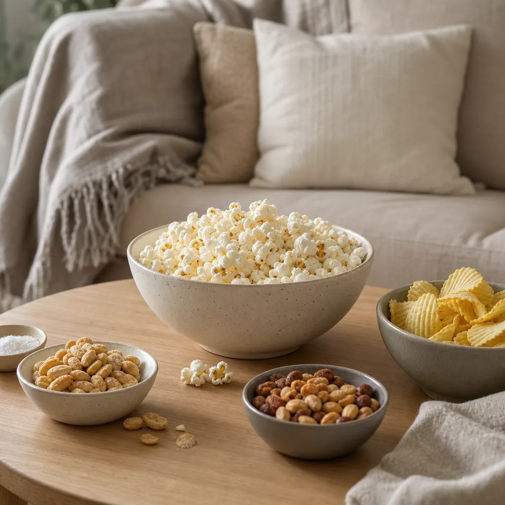 Redaktionell bild för Snacks & chips online – popcorn, nötter & salt